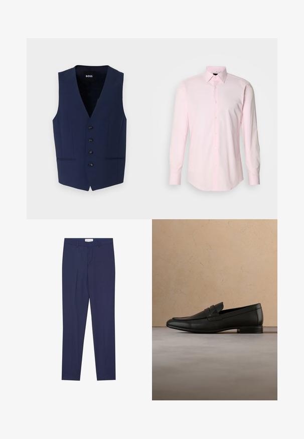 Chaleco ajustado de color azul marino con escote en V, cinco botones negros y bolsillos laterales. Confeccionado en un tejido texturizado, diseñado para una silueta entallada.; Camisa rosa claro abotonada, de manga larga, con cuello clásico y tejido de algodón suave. Presenta botones de color claro a lo largo de la tapeta.; Pantalones de vestir de color navy, confeccionados en una tela suave, con un corte plano en la parte delantera, dos bolsillos laterales, cremallera y dobladillo limpio sin patrones ni acentos.; Zapato mocasín de cuero negro flotando sobre una alfombra beige con un sofá beige en un ambiente interior minimalista.