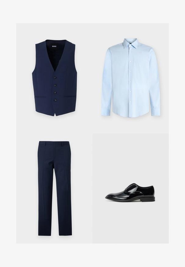 Chaleco ajustado de color azul marino con escote en V, cinco botones negros y bolsillos laterales. Confeccionado en un tejido texturizado, diseñado para una silueta entallada.; Camisa de vestir de hombre azul claro de manga larga con cierre de botones en la parte delantera y cuello puntiagudo, mostrada sobre un fondo blanco.; Pantalones azul marino con un corte entallado, que presentan una textura suave, pliegues marcados y un diseño de frente plano. Cierre de cremallera oculta.; Zapato de vestir de charol negro con un diseño elegante, puntera afilada y seis ojales para los cordones; superficie lisa y tacón bajo.