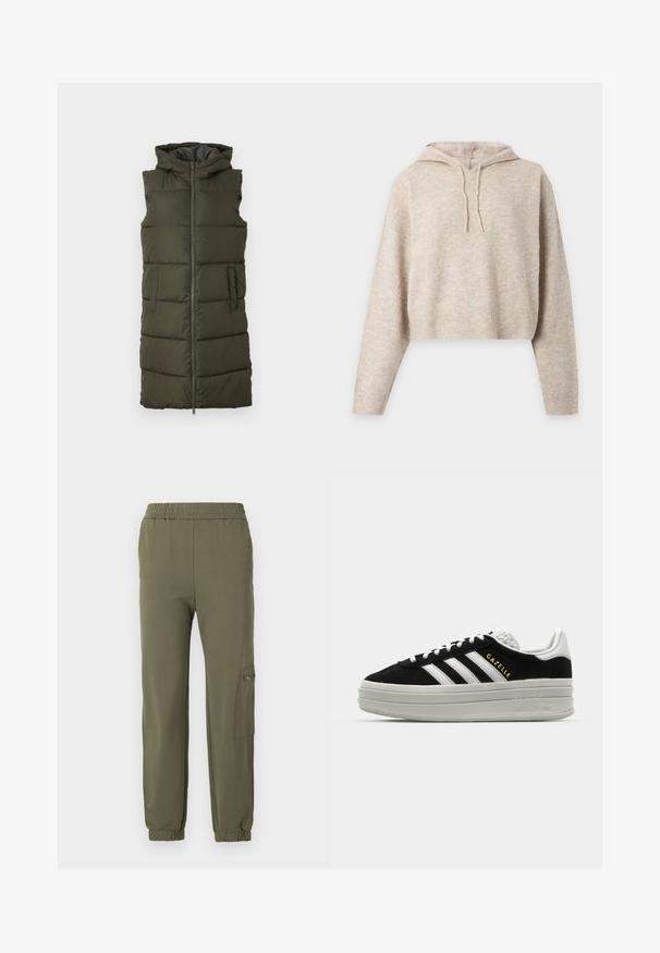 Oliven grøn udenærmet puffer vest med fuld frontlynlås, to sidelommer og hætte, som har quiltede sektioner til isolering.; Beige strikket cropped hættetrøje med lange ærmer og snore, vist på en ensfarvet lys baggrund.; Oliven grønne joggerbukser med elastisk talje, indsnævret nederdel og en sidelomme med lynlåsdetalje. Blødt, strækbart stof.; Sort ruskind sneaker med hvide læderdetaljer, tre hvide striber, flade snørebånd og en tyk grå platformsål. Guldfarvet "Gazelle" branding.