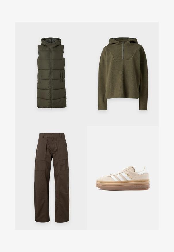 Oliven grøn udenærmet puffer vest med fuld frontlynlås, to sidelommer og hætte, som har quiltede sektioner til isolering.; Olivengrøn fleecepullover med hætte, halv-zippers foran, tekstureret stof og kontrasterende kant ved kanten og mansjetterne.; Brune cargo bukser lavet af holdbart stof med flere lommer, en afslappet pasform og fremtrædende syninger for øget holdbarhed.; Beige ruskindsneaker med hvide læderdetaljer, der har tre hvide striber, et gyldent logo og en tyk, gennemsigtig gummisål.