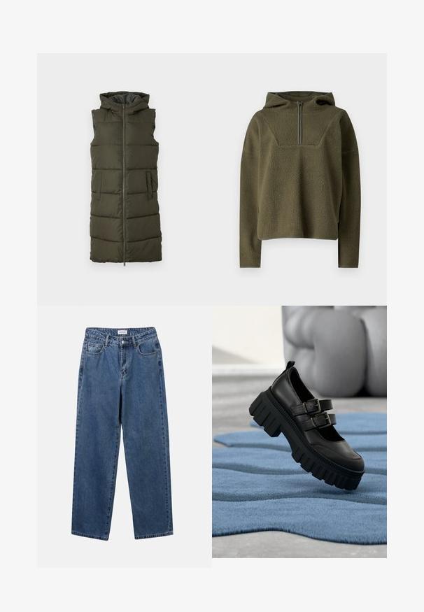 Oliven grøn udenærmet puffer vest med fuld frontlynlås, to sidelommer og hætte, som har quiltede sektioner til isolering.; Olivengrøn fleecepullover med hætte, halv-zippers foran, tekstureret stof og kontrasterende kant ved kanten og mansjetterne.; Klassiske blå denimbukser med lige ben, fem lommer og knaplukning. Har en medium vask og en robust tekstur.; Sorte lædersko med dobbelte spænder og tykke, rillede såler. Skoen er placeret på et struktureret blåt tæppe.