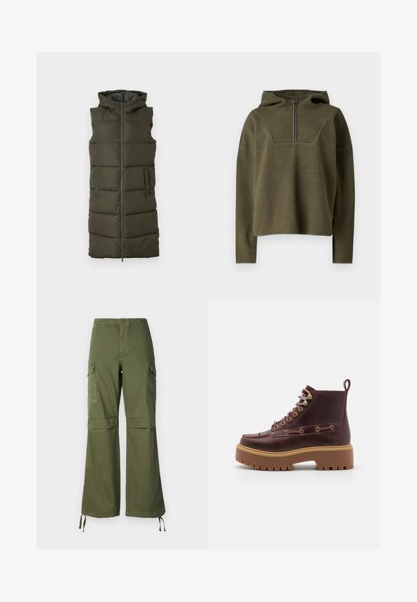 Gilet sans manches en vert olive avec une fermeture éclair avant intégrale, deux poches latérales et une capuche, comportant des sections matelassées pour l'isolation.; Pull en polaire vert olive avec capuche, fermeture éclair sur le devant à mi-hauteur, tissu texturé et finition contrastante au niveau de l'ourlet et des poignets.; Pantalons cargo en coton vert olive, avec une coupe évasée, deux poches latérales et des liens ajustables à l'ourlet.; Timberland STONE STREET MID LACE BOOT - Boots à talons - burgundy
