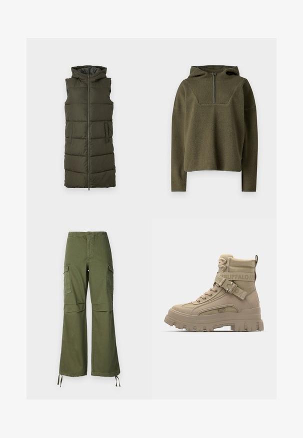 Oliven grøn udenærmet puffer vest med fuld frontlynlås, to sidelommer og hætte, som har quiltede sektioner til isolering.; Olivengrøn fleecepullover med hætte, halv-zippers foran, tekstureret stof og kontrasterende kant ved kanten og mansjetterne.; Olivengrønne cargo-buksen i bomuld med bred ben-design, to sidelommer og justerbare snore ved kanten.; Tan højhælede støvler lavet af syntetisk materiale, der har en grov sål, teksturerede stofdetaljer og en rem med logo.