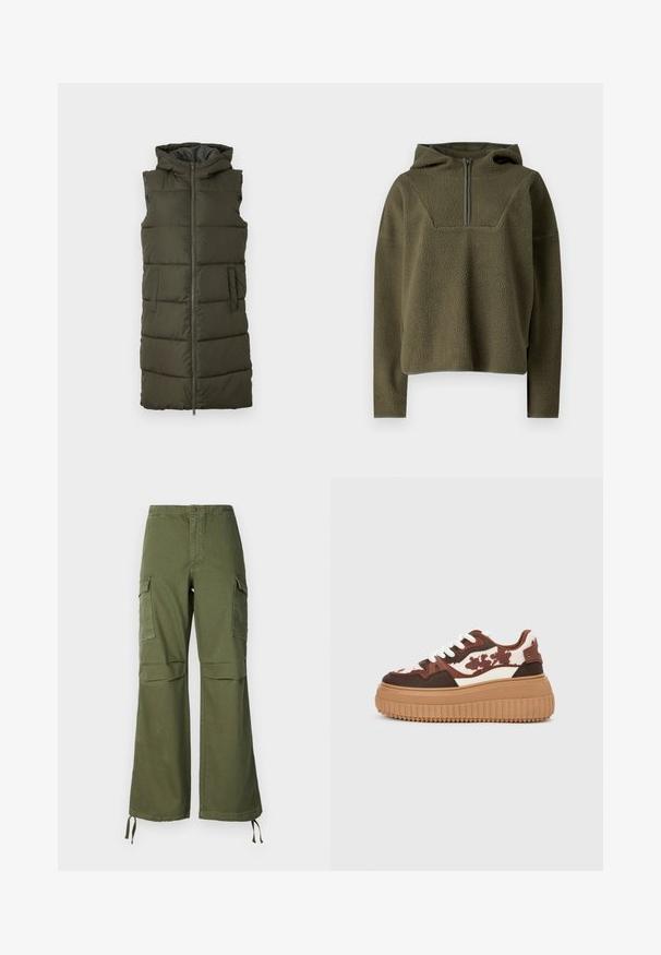 Oliven grøn udenærmet puffer vest med fuld frontlynlås, to sidelommer og hætte, som har quiltede sektioner til isolering.; Olivengrøn fleecepullover med hætte, halv-zippers foran, tekstureret stof og kontrasterende kant ved kanten og mansjetterne.; Olivengrønne cargo-buksen i bomuld med bred ben-design, to sidelommer og justerbare snore ved kanten.; Platform sneakers med et brunt og cremefarvet camouflage-mønster, kontrasterende lysebrune såler og hvide snørebånd. Overdelen har blandede materialer og teksturer.