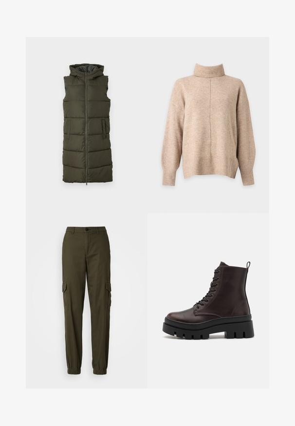 Oliven grøn udenærmet puffer vest med fuld frontlynlås, to sidelommer og hætte, som har quiltede sektioner til isolering.; Beige strikket rullekravesweater med lange ærmer, ribkantede ærmer, kant og en central lodret søm foran.; Oliven grønne cargo bukser lavet af bomuldsblanding, med elastiske manchetter, frontlynlås lomme og to store sidelommer med klap.; Brune læder ankelstøvler med en rund tå, sort kraftig sål og snørredetaljer. Har en bageste løkke for nem påtagning.