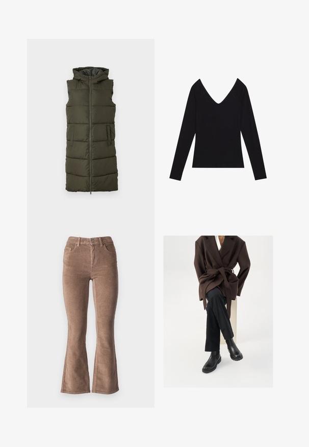 Oliven grøn udenærmet puffer vest med fuld frontlynlås, to sidelommer og hætte, som har quiltede sektioner til isolering.; Sort langærmet top med ribbet tekstur og dyb V-halsdesign, featuring tætsiddende ærmer og lige kant. Materialet er strækbart.; Brune fløjlsbukser med udvidede ben og ribbet tekstur, der har højt talje, fem lommer og en frontknaplukning.; Brun uldblandingsfrakke med bælte, båret over en hvid skjorte og sorte bukser, parret med sorte chelsea støvler, sat mod en hvid baggrund.