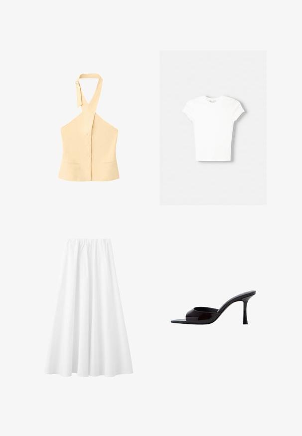 Haut beige sans manches à col halter avec trois boutons sur le devant, deux petites poches avant et bretelles réglables avec fermeture par boucle.; T-shirt blanc à manches courtes en coton doux, avec un col rond et une coupe ajustée. Pas de motifs ni d'ornements visibles.; Longue jupe blanche avec une taille élastique et un tissu fluide s'étendant jusqu'à l'ourlet.; Mules à talons hauts en cuir verni noir avec un bout carré et un design ouvert. Le talon est élancé et présente une finition brillante.