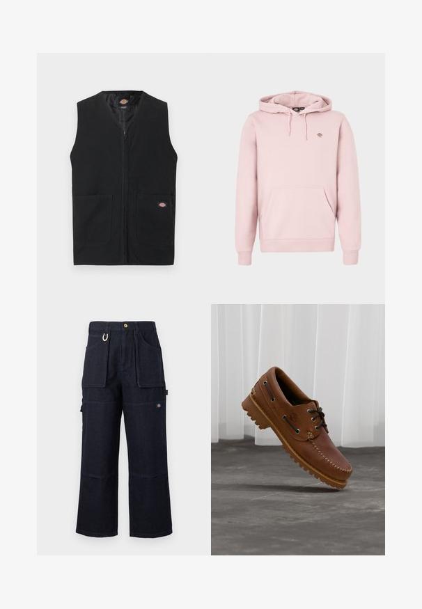 Veste noire sans manches avec fermeture éclair à l'avant et deux grandes poches avant, ornée d'un petit logo Dickies sur la poche droite.; Sweat à capuche rose clair avec une poche à l'avant, une capuche à cordon réglable et un petit logo sur la poitrine. Confectionné en tissu doux avec des poignets côtelés.; Pantalon de travail en denim bleu foncé à jambes larges avec grandes poches avant et latérales, fermeture par boutons, et petite étiquette logo sur la cuisse.; Chaussure de bateau en cuir marron avec des lacets noirs, des coutures beiges et une semelle robuste, suspendue au-dessus d'un sol en béton gris.