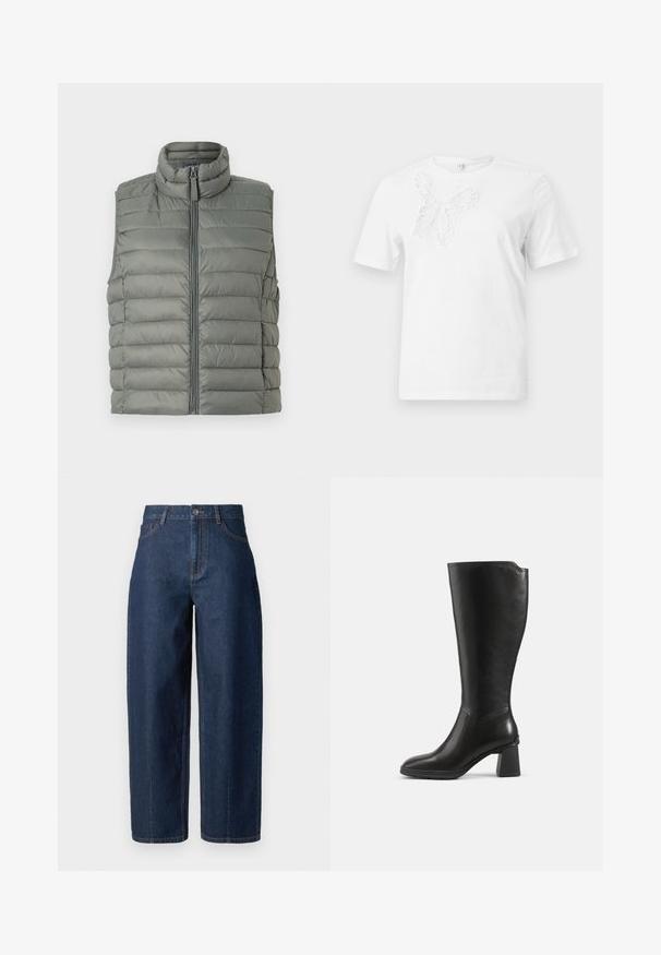Puffer-vesti muted vihreänä, jossa on korkea kaulus, pystysuora omistus, täydellinen etuvetoketju ja hihaton muotoilu, sekä sileä pinta.; Valkoinen lyhythihainen t-paita, jossa on ylävasemmassa rinnassa teksturoitu, pitsimäinen perhoskuvio.; Tummansiniset korkeavyötäröiset suorat farkut napilla, vyölenkeillä sekä etu- ja takataskuilla valkoisella taustalla.; Musta polven korkeudelle ulottuva nahkasaapas, jossa on palikkakorko ja pyöreä kärki, kuvattuna sivusta yksinkertaisella taustalla.