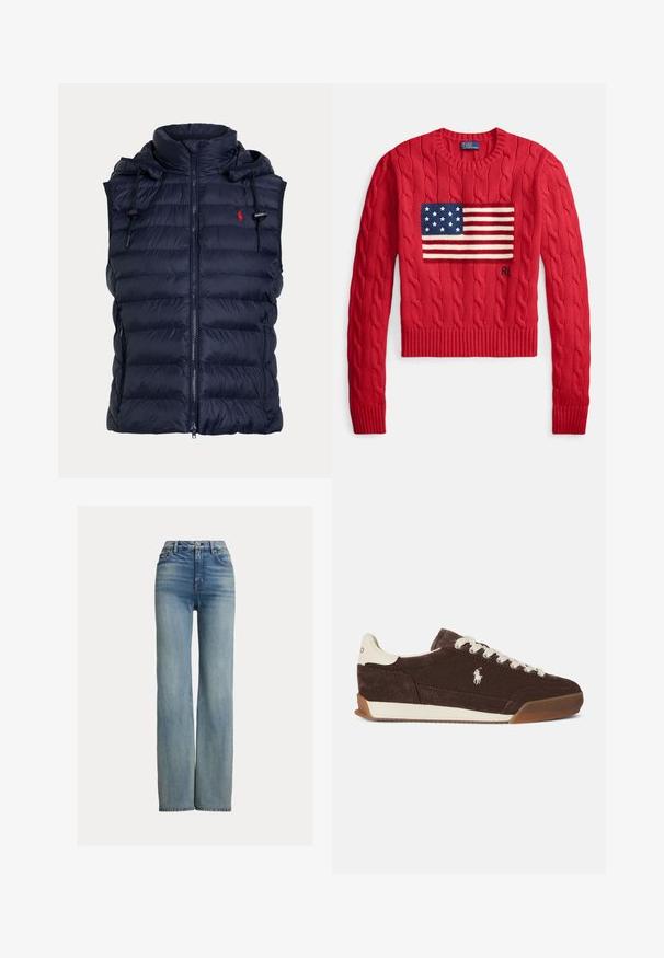 Flaskeblå ærmeløs polstret vest med lynlås foran, justerbar hætte med snore og lille rødt broderet logo på brystet.; Rød kabelstrikket sweater med rund halsudskæring, der har et stort amerikansk flag i blå, rød og hvid tværs over brystet.; Højtaljede, lige ben blå jeans med forlommer, bæltestropper og knaplukning, der har subtile slidte detaljer.; Brun ruskindsneaker med hvide snørebånd, en kontrasterende hvid hæl, gummisål og et broderet logo på siden. Klassisk lavt design.