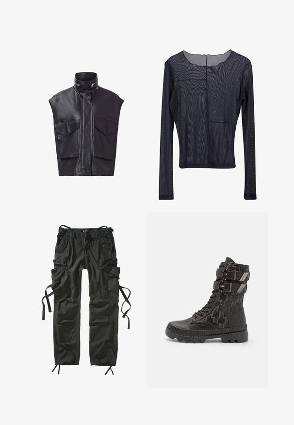 Sorte lædervest uden ærmer, med høj krave, frontlynlås og to store brystlommer. Glat tekstur med minimalistisk design.; Sort langærmet top lavet af gennemsigtigt stof, med en scalloped halsudskæring og en sømdetalje over brystet. Glat, let tekstur.; Sorte cargo-bukser lavet af letvægtsstof, med flere lommer, snore i siderne og en afslappet pasform med forstærkede syninger.; Sorte kampstøvler med en tekstureret overdel, der har et hundetandmønster, to justerbare remme og en robust sål.