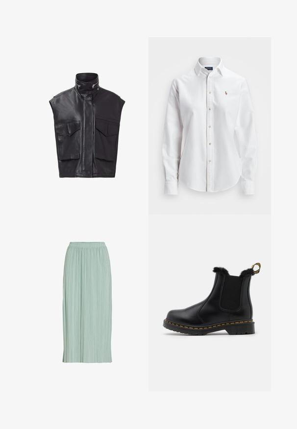 Chaleco de cuero negro sin mangas, con un alto cuello, cierre frontal y dos grandes bolsillos en el pecho. Textura suave con diseño minimalista.; Camisa de botones de manga larga blanca hecha de algodón, con un cuello clásico y un pequeño logo bordado en el pecho.; Falda midi plisada de color verde claro con cintura elástica, corte recto y tejido ligero.; Botas de tobillo de cuero negro con paneles laterales de elastano texturizados, con un borde de pelo en la parte superior, costuras amarillas y una suela de goma resistente.