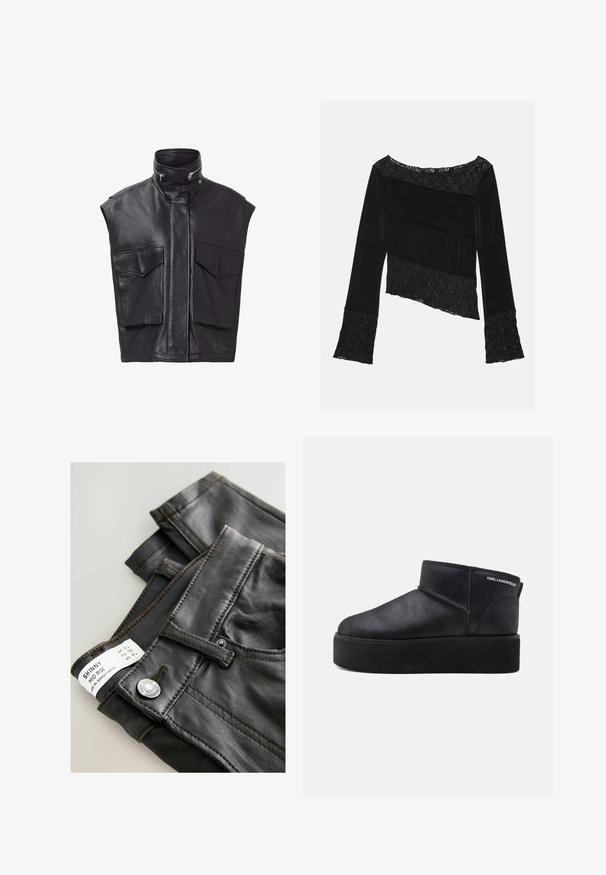 Sorte lædervest uden ærmer, med høj krave, frontlynlås og to store brystlommer. Glat tekstur med minimalistisk design.; Sort langærmet top med en blanding af glat stof og strukturerede blonder, med en asymmetrisk skæring og flagrende ærmer.; Slank mid-rise jeans i mørkegrå stof. Har stikninger, en metalknap, og et mærke med størrelser og plejeinstruktioner.; Sort ruskindsankelstøvle med rund tå og flad platformssål. Har minimalistisk design og en sideskilt detalje.