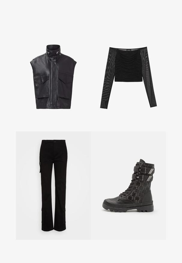 Sorte lædervest uden ærmer, med høj krave, frontlynlås og to store brystlommer. Glat tekstur med minimalistisk design.; Sort langærmet top med en rynket front, solid bodice og gennemsigtige, teksturerede ærmer. Naturlig halsudskæring og tætsiddende design.; Nicki Studios STRAIGHT POCKET PANTS - Cargobukser - black; Sorte kampstøvler med en tekstureret overdel, der har et hundetandmønster, to justerbare remme og en robust sål.