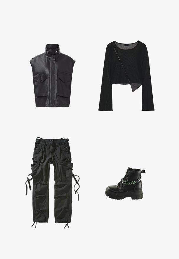 Sorte lædervest uden ærmer, med høj krave, frontlynlås og to store brystlommer. Glat tekstur med minimalistisk design.; Sort langærmet cropped top i et let, gennemsigtigt stof. Har en rund halsudskæring og en asymmetrisk kant med en let tekstur.; Sorte cargo-bukser lavet af letvægtsstof, med flere lommer, snore i siderne og en afslappet pasform med forstærkede syninger.; Sort læder ankelstøvle med en kraftig gummisål, der har farverige øjer og en kæde detalje, der er viklet omkring anklen.