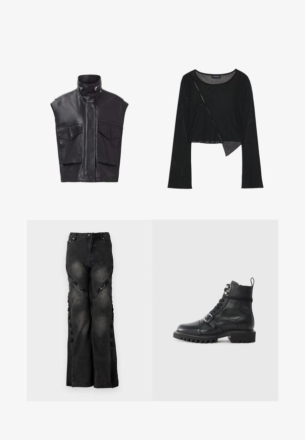 Sorte lædervest uden ærmer, med høj krave, frontlynlås og to store brystlommer. Glat tekstur med minimalistisk design.; Sort langærmet cropped top i et let, gennemsigtigt stof. Har en rund halsudskæring og en asymmetrisk kant med en let tekstur.; Sorte denimjeans med en vid benudskæring, der har kædeaccentuer langs sidesømmene og en knap- og lynlåslukning i taljen.; Sorte læder ankelstøvler med rund tå, snørelukning fortil, spænde detaljer og tyk, robust sål. Har sølvfarvet hardware accenter.