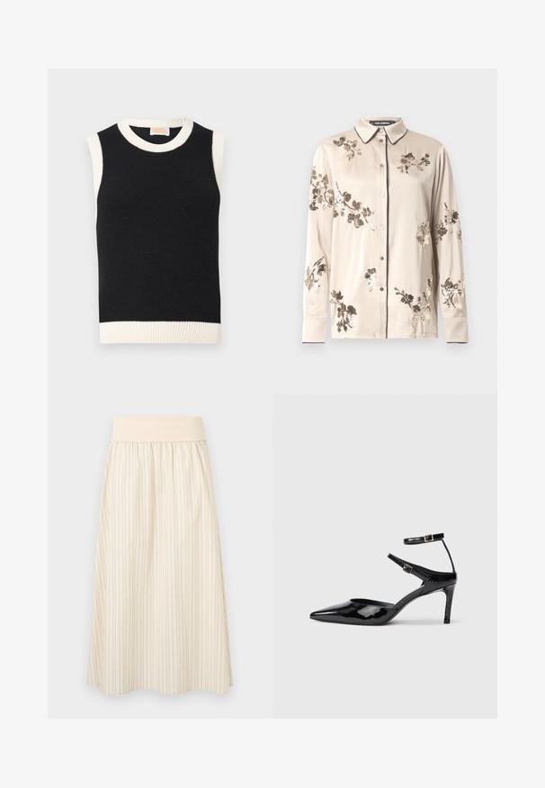 Top en tricot sans manches noir avec un col côtelé blanc, des bords de manches et un ourlet, étiqueté "From Future".; Chemise beige à manches longues avec des boutons, ornée de passepoils noirs sur le col et les poignets, décorée de motifs floraux en sequins bruns et dorés.; Jupe crème plissée avec fines rayures verticales, dotée d'une ceinture élastique douce. Fabriquée en tissu léger pour le confort.; Talons en cuir verni noir avec un bout pointu, des sangles de cheville ajustables et un talon fin. Texture lisse avec une finition brillante.