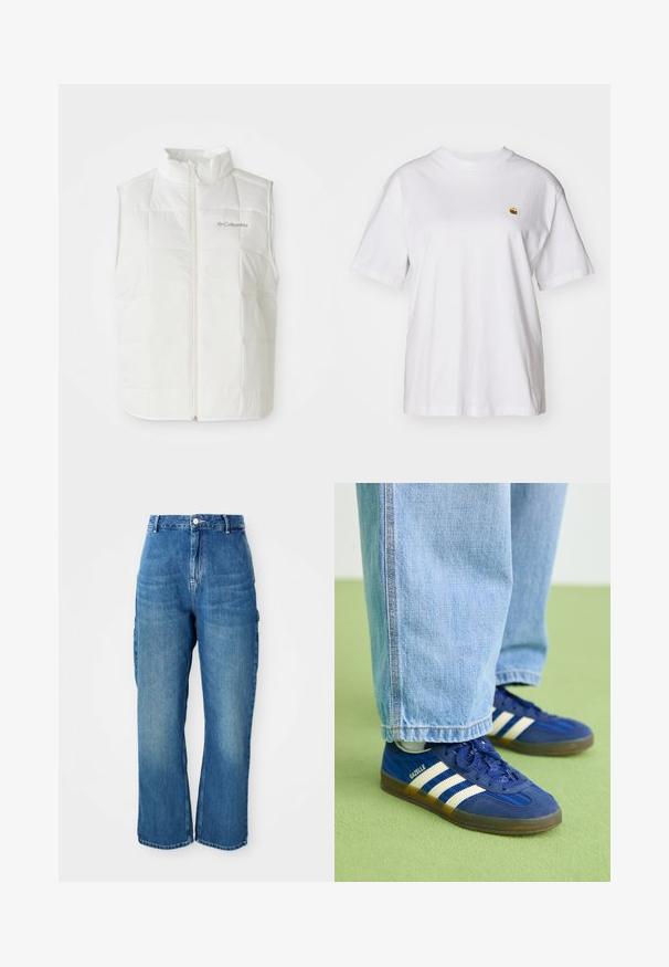 Chaleco sin mangas acolchado blanco de Columbia con cremallera frontal y cuello alzado, patrón cuadrado enrollado y logo en el lado izquierdo del pecho.; Camisa de algodón blanca con corte relajado, mangas cortas y un pequeño logotipo bordado en el área del pecho izquierdo.; Jeans de mezclilla azul de cintura alta y pierna recta con botón frontal, cierre de cremallera y bolsillos tipo cargo laterales sobre un fondo blanco.; Zapatillas de ante azul con rayas blancas y patrones texturizados, combinadas con pantalones de mezclilla azul claro, sobre un fondo verde.