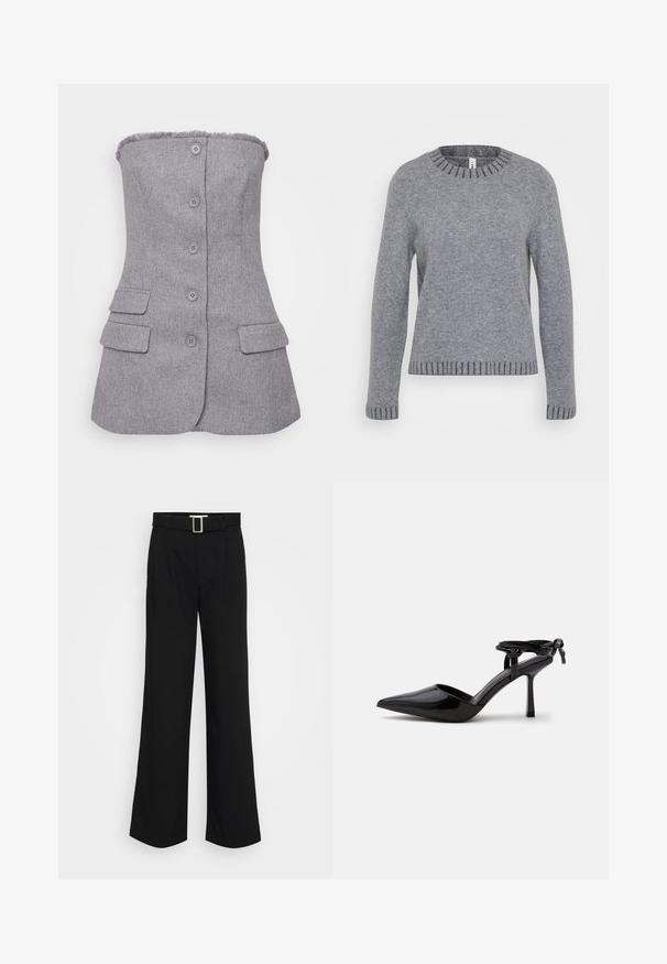 Halli, ilmaõlgadega bleizer tekstuuriga kangast, kuus nuppu ees, ja kaks eesmist taskut. Lõhikudetail krae ääres. Kohandatud sobivus.; ONLY Tall ONLFINA O NECK - Džemper - medium grey melange/dark grey melange; Mustad laiad püksid, mis on valmistatud kerge kangaga, silindri tekstuuriga, ees on voltide detail ja ruudukujuline metallist pandla külge. ; Mustast lakknahast kõrge kontsaga king, millel on terav nina ja pahkluu rihm, mis on taga sõlmes, näidatud ühevärvilisel valgel taustal.
