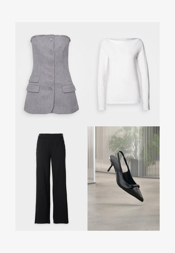 Sivý blazer bez ramienok s textúrovanou látkou, šesť gombíkov vpredu a dve predné vrecká. Ofráknutý detail na výstrihu. Prispôsobený strih.; Dlhý rukáv, biela bavlnená košeľa so širokým výstrihom v tvare lode a priliehavým strihom. Hladká textúra bez viditeľných vzorov alebo ozdôb.; Čierne široké nohavice s vysokým pásom a ozdobnými gombíkmi vpredu a po bokoch.; Čierna kožená slingback vysoká podpätková obuv s textúrou, so špicatou špičkou a malou dekoratívnou prackou, vznášajúca sa nad hladkou podlahou.