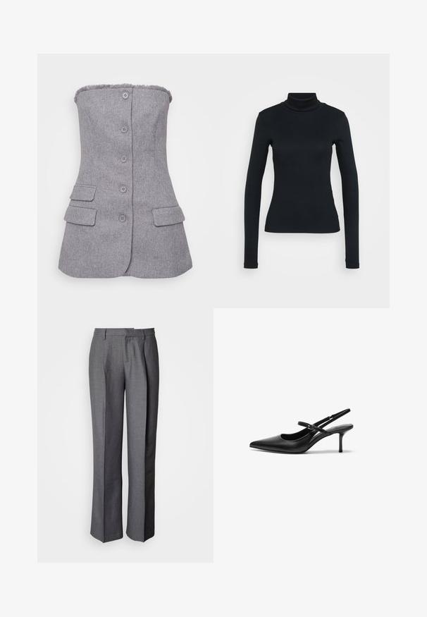 Grå, stropløs blazer med tekstureret stof, seks knapper foran og to forlommer. Rå kant detalje ved halsen. Tilpasset pasform.; Sort langærmet ribbestrikket sweater med høj hals og tætsiddende silhuet på en lys ensfarvet baggrund.; Grå skræddersyede bukser med flad front, lige ben og subtil tekstur; har sidelommer og en glat linning.; Sorte læder slingback hæle med spids tå, slank justerbar rem og en stiletto hæl på cirka 5 cm, glat tekstur.