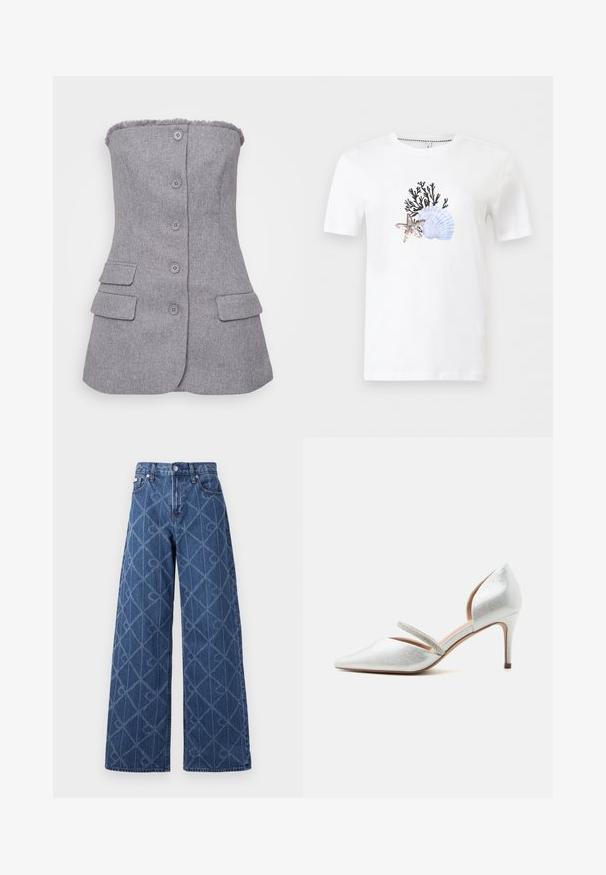 Grijze, strapless blazer van textuurstof, met zes knopen aan de voorkant en twee voorkruiken. Geverfd detail bij de halslijn. Aansluitende pasvorm.; Wit T-shirt met korte mouwen en een ronde hals, voorzien van een print op de voorkant van zwarte koraal, een blauwe schelp en een lichtbruine zeester.; Wijde spijkerbroek in donkerblauw met een diamantpatroon, contrasterende stiksels en een knoopsluiting in de taille.; Zilverkleurige pumps met een puntige neus, lage naaldhak en een dunne band versierd met strass steentjes over de wreef.