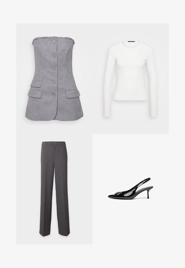 Grijze, strapless blazer van textuurstof, met zes knopen aan de voorkant en twee voorkruiken. Geverfd detail bij de halslijn. Aansluitende pasvorm.; Witte lange mouwen ribbelshirt met een ronde halslijn en een getailleerde pasvorm. Soepele textuur met een eenvoudig ontwerp, zonder patronen of accenten.; Donkergrijze nette broek met rechte pijpen, knoop- en ritssluiting, riemlussen en vouwlijnen aan de voorkant van iedere pijp.; Zwarte gepatineerde leren slingback hakken met een puntige neus en een glanzende afwerking. Heeft een slanke hak en een ronde accent op de bovenkant.