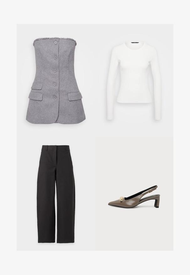 Sivý blazer bez ramienok s textúrovanou látkou, šesť gombíkov vpredu a dve predné vrecká. Ofráknutý detail na výstrihu. Prispôsobený strih.; Biely dlhý rukáv rebrované tričko s okrúhlym výstrihom a priliehavým strihom. Hladká textúra s jednoduchým dizajnom, bez vzorov alebo akcentov.; Čierne široké nohavice s vysokým pásom a pútkami na opasok, zobrazené na bielom pozadí.; Hnedé lakované kožené lodičky so zúženou špičkou, nízkym blokovým podpätkom, zlatou prackou a dekoratívnym zlatým detailom na vrchu.