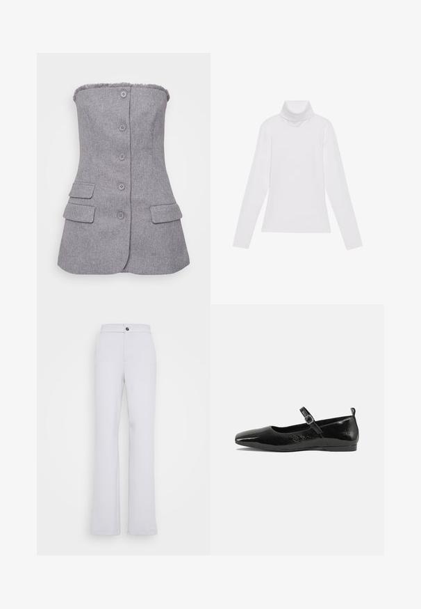 Sivý blazer bez ramienok s textúrovanou látkou, šesť gombíkov vpredu a dve predné vrecká. Ofráknutý detail na výstrihu. Prispôsobený strih.; Biely dlhý rukáv v štýle roláka vyrobený z hladkej, elastickej tkaniny. Má vysoký golier a priliehavý strih, bez viditeľných vzorov alebo ozdôb.; Svetlošedé nohavice vyrobené z hladkej látky, s rovnými nohavicami, predným zapínaním na gombík a pútkami na opasok. Minimalistický štýl bez vzorov.; Čierne lakované baleríny s špicatou špičkou, remienkom na členku so sponou a hladkým, lesklým povrchom. Nízky podpätok pre pohodlie.