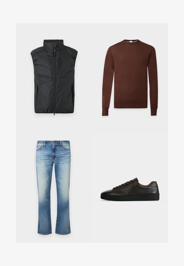 Veste matelassée noire sans manches avec col montant, fermeture éclair à l'avant, et poches zippées sur la poitrine et les côtés, sur un fond uni.; Pull marron uni à manches longues avec col rond, poignets et bas côtelés sur un fond clair.; Jean droit délavé bleu pour hommes avec fermeture à bouton et design à cinq poches sur fond blanc.; Baskets basses en cuir marron foncé avec semelle en caoutchouc noire, lacets à l'avant et design minimaliste épuré sur fond clair.