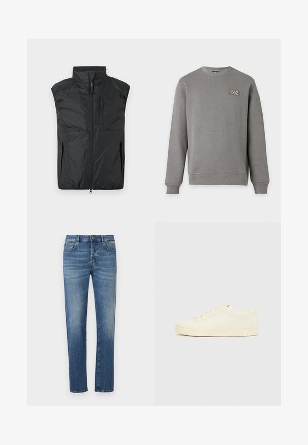 Veste matelassée noire sans manches avec col montant, fermeture éclair à l'avant, et poches zippées sur la poitrine et les côtés, sur un fond uni.; Sweat-shirt gris à manches longues avec col rond, poignets et ourlet côtelés, comportant un petit patch logo EA7 Emporio Armani sur la partie supérieure gauche de la poitrine.; Jean en denim bleu coupe droite, avec design à cinq poches, motif délavé et fermeture par bouton métallique à la taille.; Baskets couleur crème avec une tige en cuir lisse, bout arrondi, laçage à l'avant et semelle en caoutchouc texturée. Design minimaliste, sans logo.
