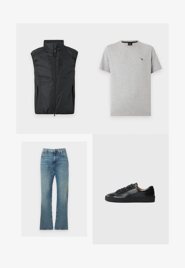 Veste matelassée noire sans manches avec col montant, fermeture éclair à l'avant, et poches zippées sur la poitrine et les côtés, sur un fond uni.; T-shirt gris clair à manches courtes et col rond avec un petit logo zèbre coloré brodé sur le côté gauche de la poitrine.; Jean en denim bleu avec un design classique à cinq poches, fermeture par bouton et zip, coupe droite et légère décoloration sur les cuisses et les genoux.; Baskets en cuir noir avec une texture lisse, bout rond et fermeture à lacets. Comprend une semelle en caoutchouc épaisse et un minimum de détails de marque.