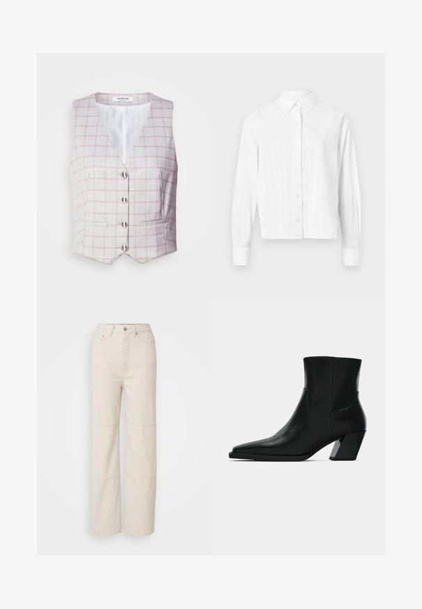Gilet gris clair avec motif à carreaux rose, décolleté en V, six boutons en métal argenté, et deux poches avant. Fabriqué en tissu texturé.; Chemise blanche à boutons, fabriquée en tissu léger. Présente des manches longues, un col classique et des rayures verticales discrètes. Design court.; Jean large beige clair en coton. Présente une taille haute, une fermeture à bouton à l'avant et deux accents de couture horizontaux sur les jambes.; Bottine en cuir noir avec un bout pointu, une silhouette élégante et un talon carré massif. Texture lisse avec des détails de couture minimalistes.