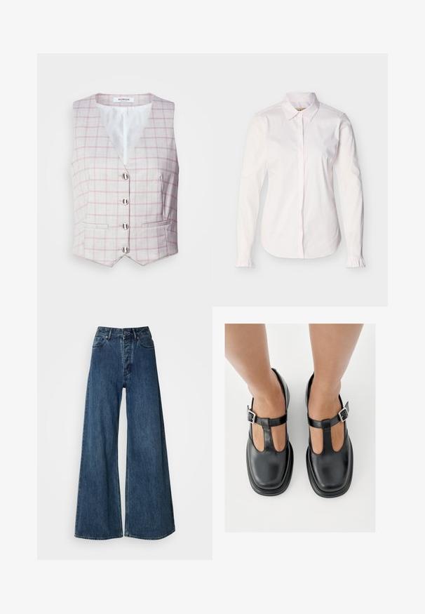Gilet gris clair avec motif à carreaux rose, décolleté en V, six boutons en métal argenté, et deux poches avant. Fabriqué en tissu texturé.; Chemise blanche à manches longues pour femmes avec col pointu, boutons cachés sur le devant et petits volants aux poignets.; Jeans en denim à jambes larges bleu foncé, avec une taille haute, un design à cinq poches et des coutures contrastées. Tissu classique et durable.; Chaussures en cuir noir avec un design à bride en T, bout fermé et accents de boucles argentées. Texture lisse avec un bout arrondi et une semelle plate.