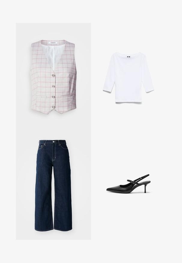 Chaleco gris claro con patrón de cuadrícula rosa, escote en forma de V, seis cierres de botones plateados y dos bolsillos frontales. Fabricado en tela texturizada.; Camisa blanca de manga tres cuartos hecha de una mezcla de algodón; presenta un amplio escote barco y una textura suave y ligera.; Vaqueros de mezclilla oscuros de pierna ancha con costuras de contraste, diseño de cinco bolsillos y cierre de botón en la cintura.; Zapatos de tacón slingback de cuero negro con punta afilada, correa ajustable delgada y un tacón de aguja de aproximadamente 5 cm, textura suave.