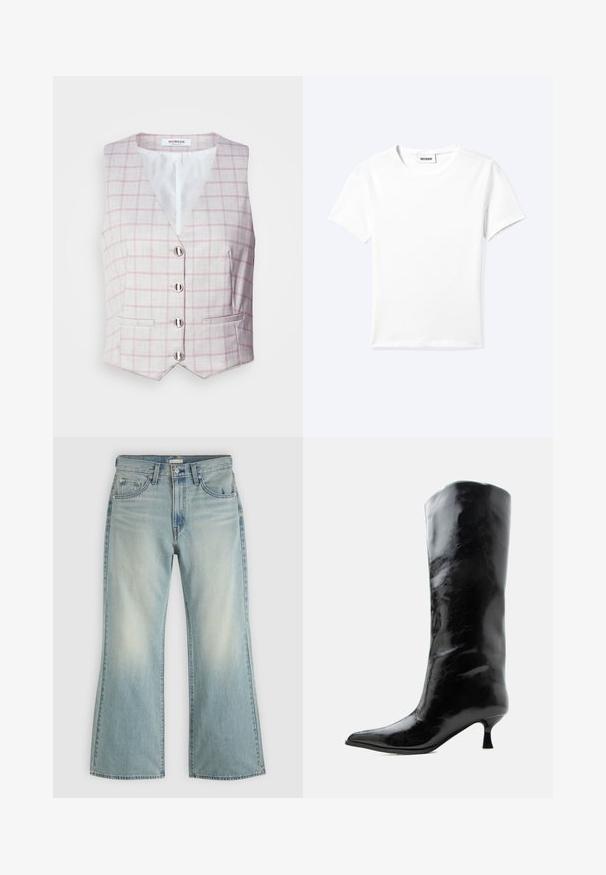 Gilet gris clair avec motif à carreaux rose, décolleté en V, six boutons en métal argenté, et deux poches avant. Fabriqué en tissu texturé.; T-shirt blanc uni à manches courtes et col rond avec une petite étiquette "WEEKDAY" à l'intérieur de l'encolure, présenté à plat sur un fond clair.; Jean en denim bleu clair avec une taille haute, un bouton et une fermeture éclair à l'avant, cinq poches et des jambes légèrement évasées.; Botte en cuir noire brillante, haute jusqu'au genou, avec bout pointu et talon bas courbé sur un fond clair uni.