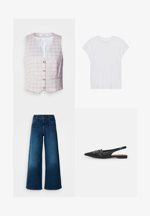 Lichtgrijze vest met roze ruitpatroon, V-hals, zes zilveren knoopsluitingen en twee zakken aan de voorkant. Gemaakt van gestructureerde stof.; Witte t-shirt met korte mouwen, ronde hals, relaxte pasvorm, gemaakt van zacht katoen. Glad textuur, geen patronen of logo's.; Wijde jeans van donkerblauwe denim. Heeft een hoge taille, knoopsluiting en klassiek vijf-vakken ontwerp met subtiele vervaging.; Zwarte leren slingback ballerina met spitse neus, voorzien van twee horizontale bandjes en vierkante zilveren gespen, lage hak en een gladde textuur.