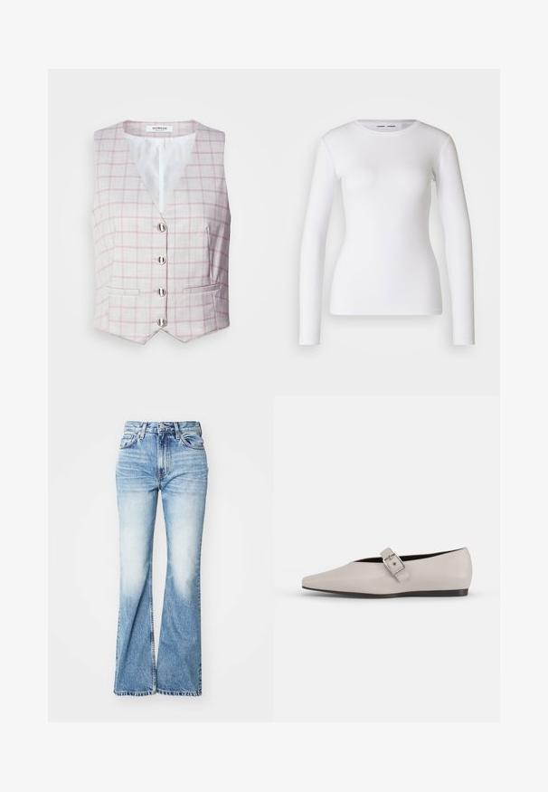 Chaleco gris claro con patrón de cuadrícula rosa, escote en forma de V, seis cierres de botones plateados y dos bolsillos frontales. Fabricado en tela texturizada.; Camisa blanca de manga larga hecha de tela acanalada, con un cuello redondo y una forma ajustada. No presenta patrones ni detalles.; Jeans de tiro alto, acampanados, en azul con un lavado desgastado, hechos de denim. Presentan un diseño de cinco bolsillos y costuras visibles a lo largo de los bordes.; Zapato plano de cuero beige con punta afilada, un detalle de hebilla lateral y suela negra baja. Textura suave y diseño minimalista.