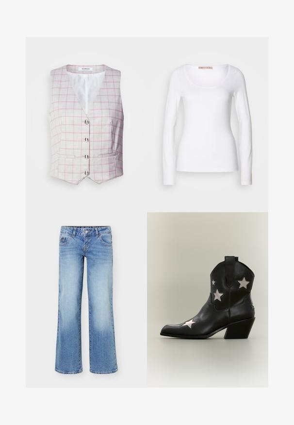 Lichtgrijze vest met roze ruitpatroon, V-hals, zes zilveren knoopsluitingen en twee zakken aan de voorkant. Gemaakt van gestructureerde stof.; Witte katoenen T-shirt met lange mouwen, voorzien van een ronde halslijn en een getailleerd ontwerp, met een gladde textuur en zonder versieringen.; Lichtblauwe denimspijkerbroek met iets uitlopende pijpen, vijfzakkenstijl en een knoop- en ritssluiting aan de voorkant.; Zwarte leren cowboylaars tot aan de enkel met een middelhoog schuin hakje en witte stervormige uitsparingen aan de zijkanten en teen.