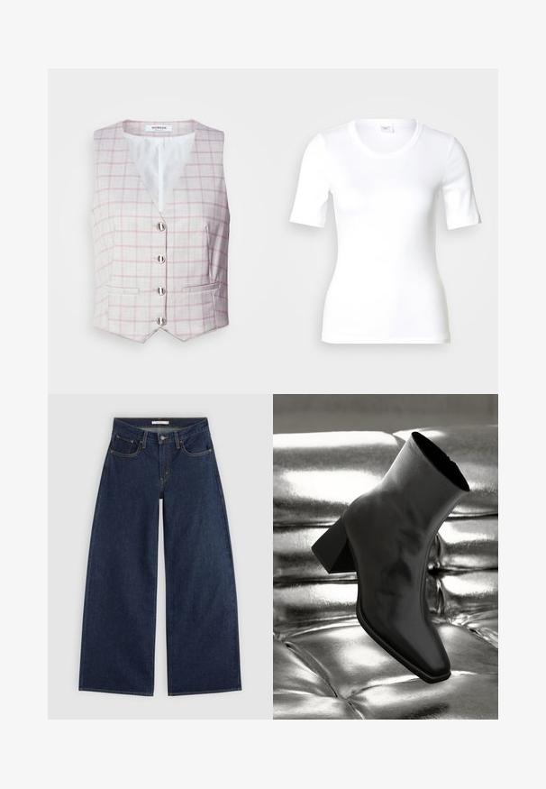 Lichtgrijze vest met roze ruitpatroon, V-hals, zes zilveren knoopsluitingen en twee zakken aan de voorkant. Gemaakt van gestructureerde stof.; Wit T-shirt met korte mouwen van glad katoen, met een ronde halslijn en een aangesloten pasvorm. Klassiek ontwerp, zonder patronen of accenten.; Donkerblauwe wijde spijkerbroek met voorzakken, riemlussen en knoopsluiting, plat gelegd op een lichte achtergrond.; Zwarte enkellaarsjes van glanzend materiaal met een vierkante neus en taps toelopende hak, afgezet tegen een glanzende zilveren gecapitonneerde achtergrond.
