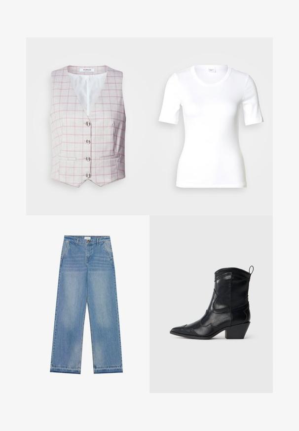 Lys grå vest med pink rutemønster, v-hals, seks sølvknaplukninger og to forlommer. Lavet af tekstureret stof.; Hvid T-shirt med korte ærmer lavet af glat bomuld, med rund halsudskæring og en tætsiddende pasform. Klassisk design uden mønstre eller detaljer.; Lyseblå højtaljede wide-leg jeans med knaplukning, frontlommer, bæltestropper og diskret falmet detaljer.; Sort læder westernstøvle til mid-leggen med spidse tæer, dekorativ syning, trækkrog og stablet blokhæl på neutral baggrund.