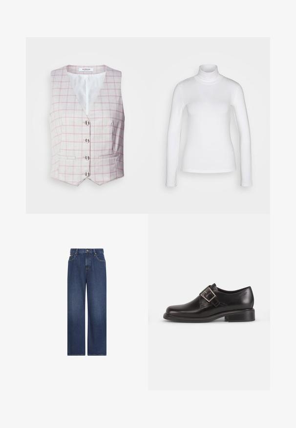 Chaleco gris claro con patrón de cuadrícula rosa, escote en forma de V, seis cierres de botones plateados y dos bolsillos frontales. Fabricado en tela texturizada.; Camisa de cuello alto de manga larga blanca, fabricada en un tejido suave y elástico. Presenta un ajuste ceñido y un collar alto. Sin patrones ni acentos visibles.; Vaqueros de mezclilla azul oscuro de pierna ancha con bolsillos delanteros, trabillas para cinturón y cierre de botón en la cintura sobre un fondo blanco.; Zapato de vestir de cuero negro con punta redondeada, detalle de hebilla lateral y suela texturizada, sobre un fondo blanco liso.