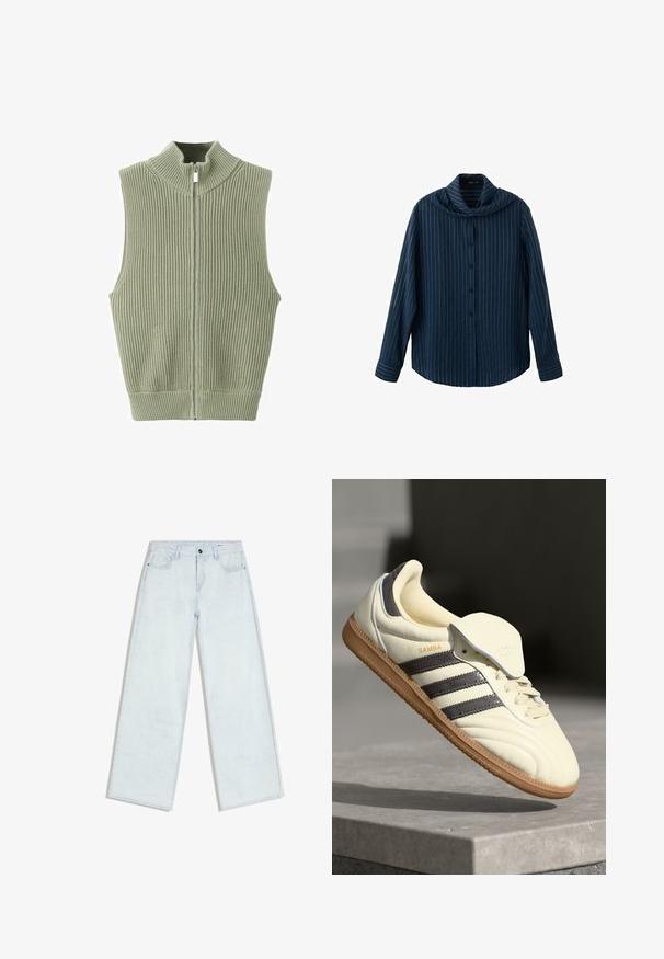 Veste sans manches en maille côtelée vert sauge avec col montant et fermeture éclair à l'avant, posée à plat sur un fond blanc.; Chemise bleu marine à manches longues avec des rayures verticales blanches fines et un col large drapé.; Jean bleu clair à jambes larges avec fermeture à boutons et fermeture éclair sur le devant, passants pour ceinture et style cinq poches, posé à plat sur un fond blanc.; Baskets en cuir crème avec trois bandes sombres, une semelle extérieure en gomme marron et un bout arrondi. Présentent une languette pliable étiquetée "SAMBA."
