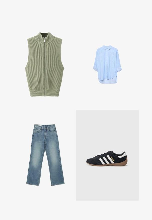 Veste sans manches en maille côtelée vert sauge avec col montant et fermeture éclair à l'avant, posée à plat sur un fond blanc.; Chemise à manches longues bleu clair à boutons, avec de fines rayures blanches verticales et manches retroussées, présentée sur un fond blanc.; Jean bleu taille haute à jambes droites, cinq poches, fermeture par boutons et légère décoloration subtile sur l'avant des cuisses.; Baskets en daim noir avec trois bandes blanches, semelle en caoutchouc beige, et un petit logo doré sur le côté. Dotées d'une doublure intérieure noire lisse.