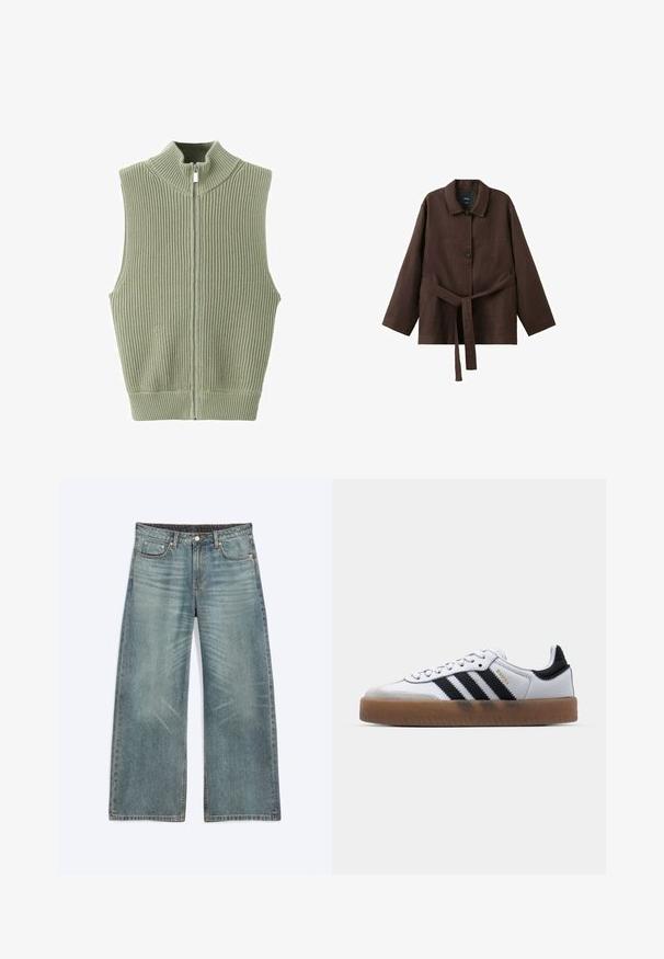 Veste sans manches en maille côtelée vert sauge avec col montant et fermeture éclair à l'avant, posée à plat sur un fond blanc.; Veste marron foncé à manches longues avec col, deux boutons et une ceinture assortie en tissu nouée à la taille.; Jean bleu à jambes larges avec poches avant, passants de ceinture, fermeture par boutons et détails subtils d’usure sur les cuisses et les genoux.; Baskets en cuir blanc avec des rayures noires, semelle extérieure en caoutchouc beige, bout rond, fermeture lacée et embout en suède gris doux.