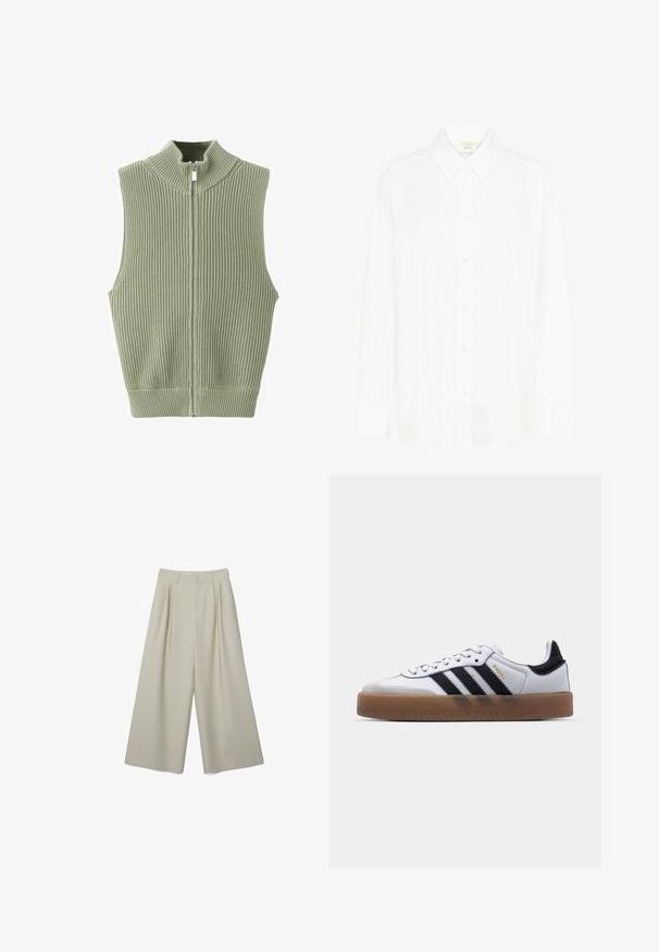 Veste sans manches en maille côtelée vert sauge avec col montant et fermeture éclair à l'avant, posée à plat sur un fond blanc.; Chemise blanche à manches longues avec col classique et coupe régulière. Fabriquée en tissu lisse, avec huit boutons sur le devant.; Pantalon beige à jambes larges, coupé court, avec passants de ceinture, plis sur le devant et fermeture éclair à l'avant, posé à plat sur un fond blanc.; Baskets en cuir blanc avec des rayures noires, semelle extérieure en caoutchouc beige, bout rond, fermeture lacée et embout en suède gris doux.