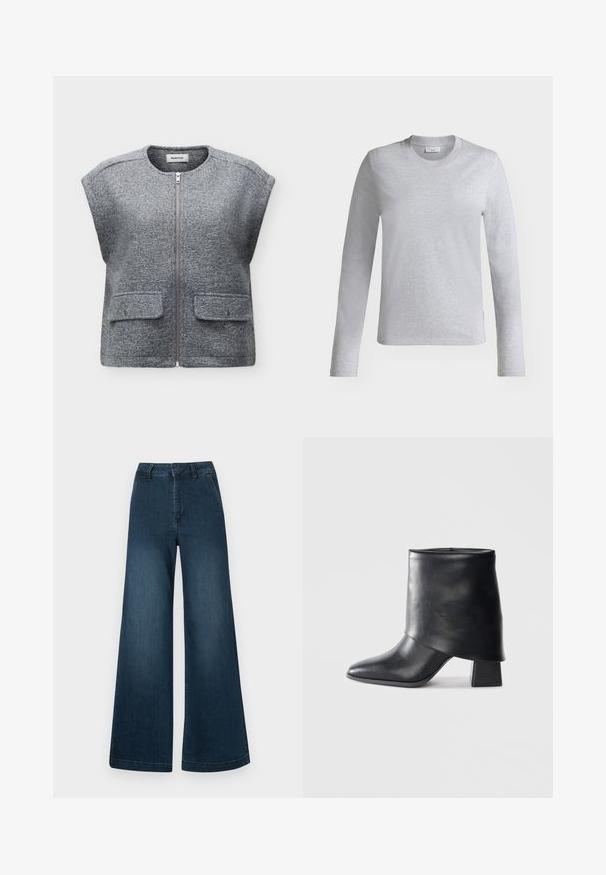 Veste sans manches en laine texturée grise avec fermeture éclair devant et deux poches à rabat avec boutons-pression, col rond, présentée à plat sur fond blanc.; T-shirt gris clair à manches longues et col rond, au design simple, présenté sur fond blanc. Aucun logo ni motif visible.; Jean en denim bleu foncé, taille haute et jambes larges, avec poches avant et passants de ceinture sur fond blanc.; Bottine en cuir noir à bout pointu, texture lisse et talon bloc structuré. Elle se distingue par un design de revers haut et plié.