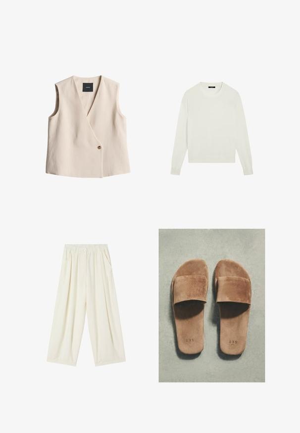 Beige mouwloos vest met een V-hals, wikkeldesign, enkele knoopsluiting en een zachte stoftextuur. Etiket zegt 'ooit'.; Effen witte lange mouwen trui met ronde hals en geribbelde boorden en zoom, getoond op een witte achtergrond.; Crèmekleurige broek met wijde pijpen, elastische tailleband, knoopsluiting aan de voorkant, zijzakken en een losse pasvorm.; Paar bruine suède slip-on sandalen met brede bandjes en platte zolen op een lichtgrijze gestructureerde ondergrond.