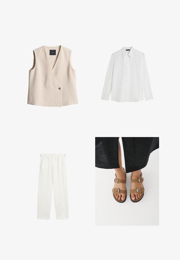 Beige mouwloos vest met een V-hals, wikkeldesign, enkele knoopsluiting en een zachte stoftextuur. Etiket zegt 'ooit'.; Witte langwerpige blouse met lange mouwen, voorzien van een klassieke kraag, knoopsluiting aan de voorkant en een gladde, lichte stoftextuur.; Witte wijde broek met hoge taille, zijzakken en verstelbare ceintuurlussen, plat weergegeven op een witte achtergrond.; Voeten in bruine suède sandalen met zilverkleurige gespen, staand op een witte ondergrond, met zwarte broek zichtbaar boven de enkels.