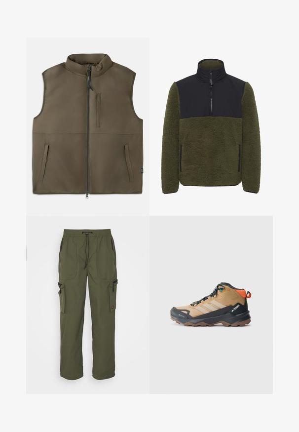 Ærmeløs brun polstret vest med frontlynlås, to nederste lommer og en lodret brystlomme, vist fladt på en hvid baggrund.; Fleece pullover i olivengrøn med en sort nylon brystpanel. Har en høj krave, en halv lynlås lukning og sidelommer.; Oliven grøn cargo bukser lavet af let materiale, med elastisk talje, snorelukning og flere lynlåslommer.; Brune og sorte vandrestøvler med mesh-paneler, tre hvide striber, en forstærket tå og en tekstureret gummisål for godt greb.